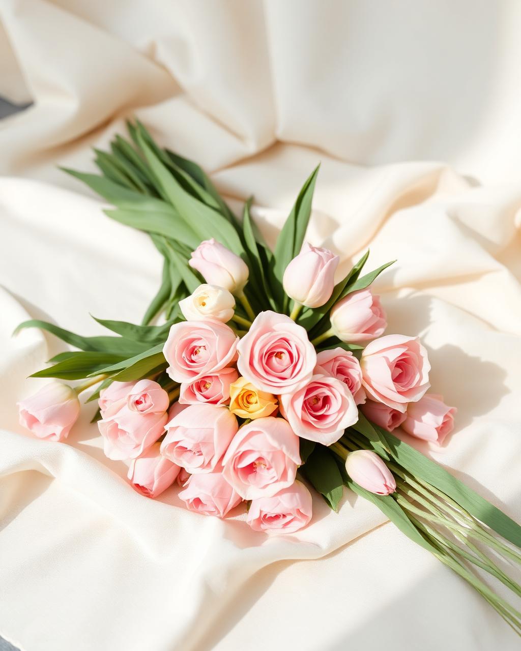 Ramo de rosas y tulipanes blush sobre lino crema