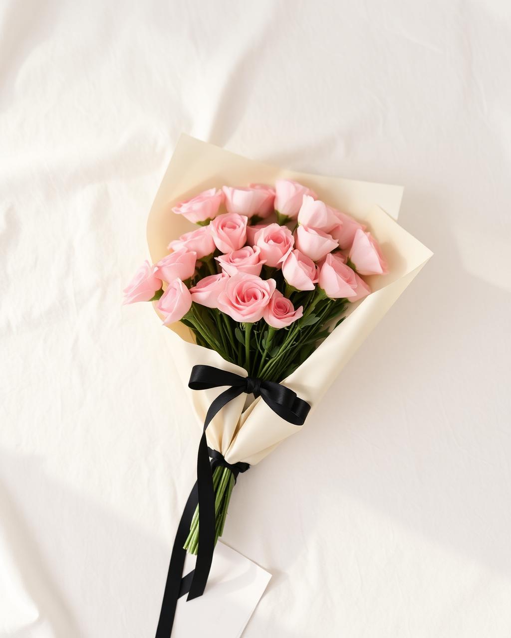 Ramo de rosas rosas envuelto en papel crema con listón negro