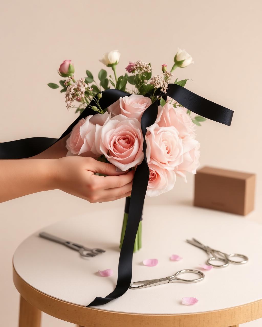 Manos de florista atando un listón negro a un ramo blush